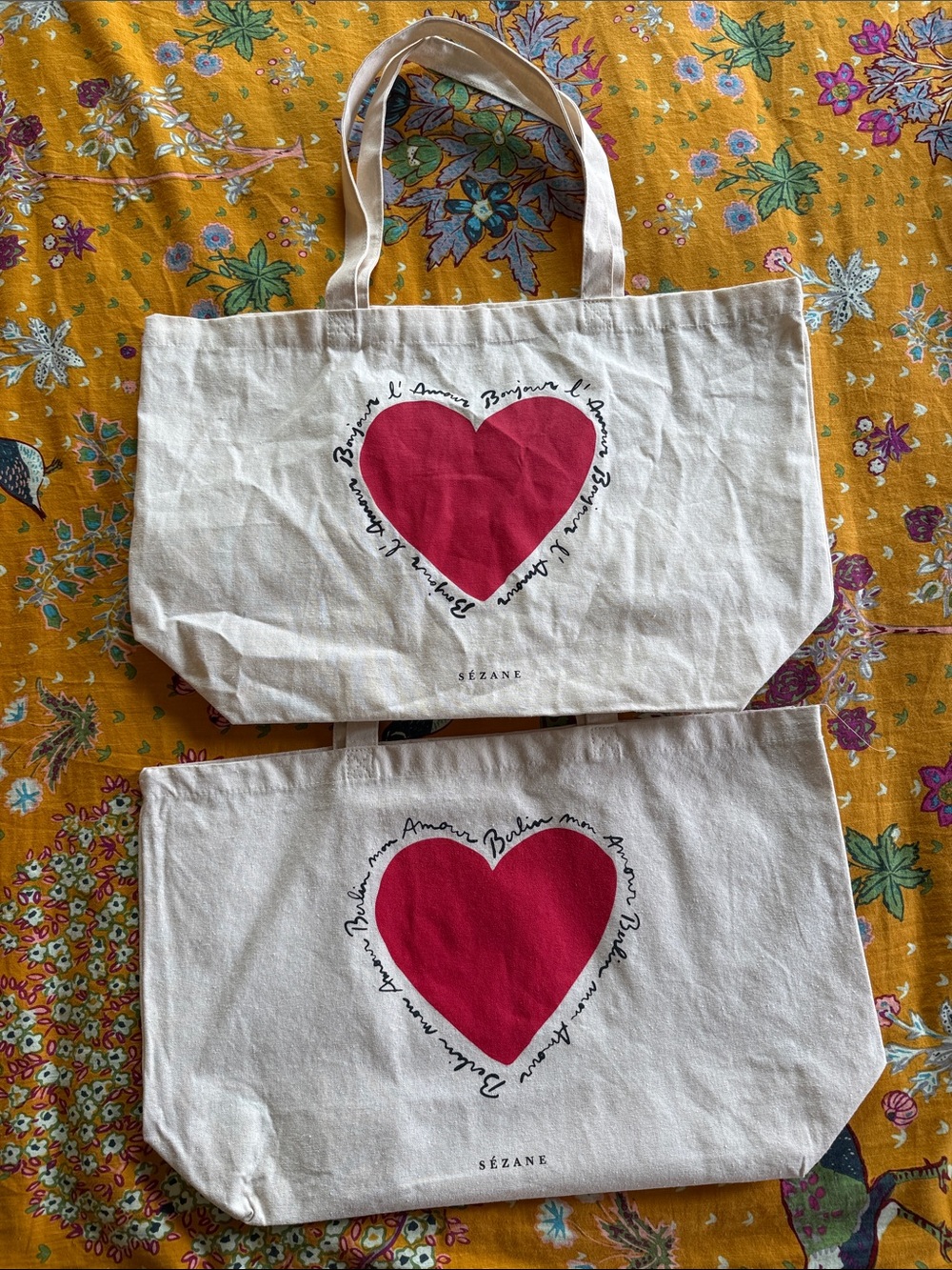 Sézane Cream Canvas Tote with Red Heart
